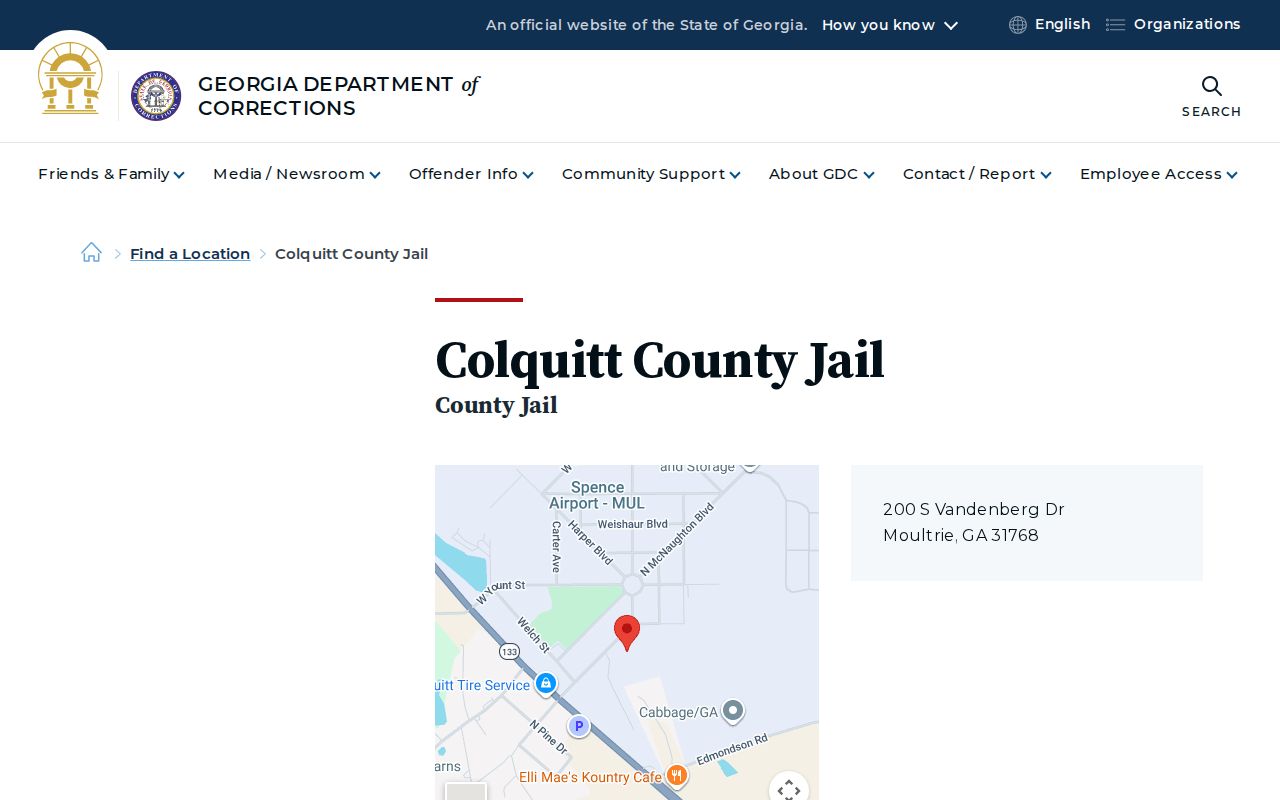 Colquitt County Jail location page for release record contact