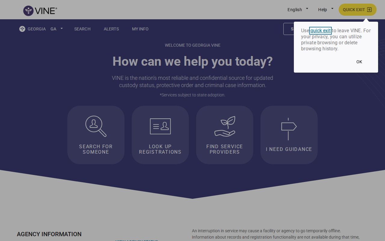 Georgia VINE interface for a Colquitt County VINELink inmate check